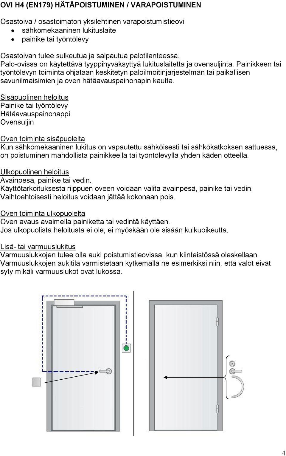 Painikkeen tai työntölevyn toiminta ohjataan keskitetyn paloilmoitinjärjestelmän tai paikallisen savunilmaisimien ja oven hätäavauspainonapin kautta.