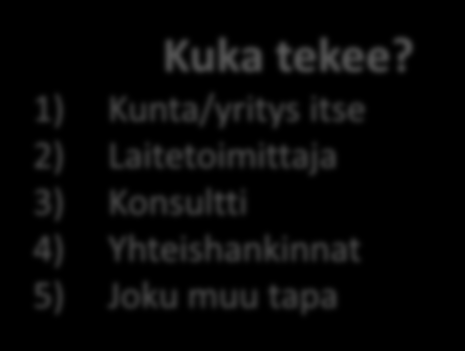 1) Taloudellisesti kannattavat Takaisinmaksuaika Korkotuotto 2) Tehokkaasti päästöjä vähentävät Merkittävyys Toteutettavuus Kustannustehokkuus Mitkä toimet?