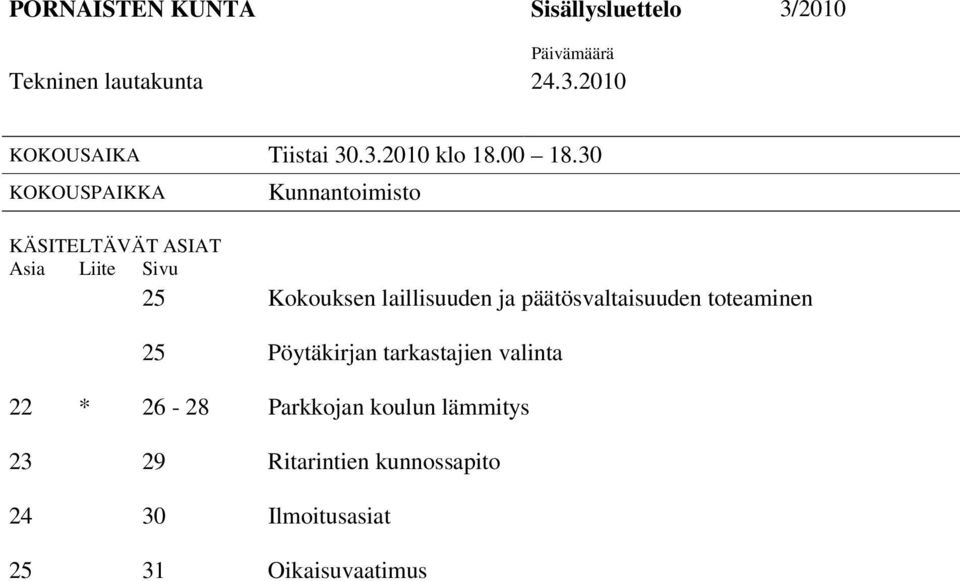 30 KOKOUSPAIKKA Kunnantoimisto KÄSITELTÄVÄT ASIAT Asia Liite Sivu 25 Kokouksen laillisuuden ja