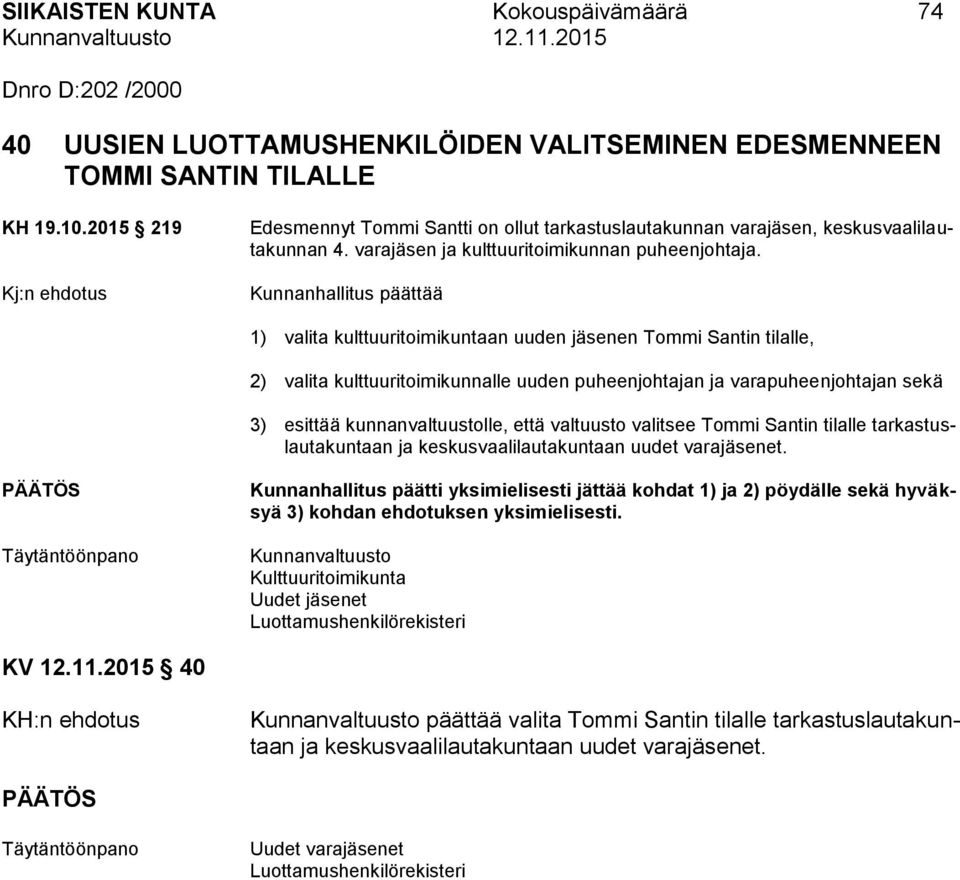 Kunnanhallitus päättää 1) valita kulttuuritoimikuntaan uuden jäsenen Tommi Santin tilalle, 2) valita kulttuuritoimikunnalle uuden puheenjohtajan ja varapuheenjohtajan sekä 3) esittää