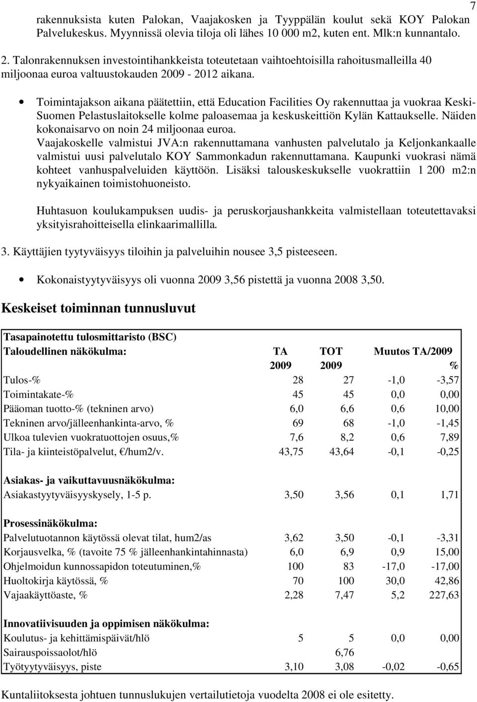 Toimintajakson aikana päätettiin, että Education Facilities Oy rakennuttaa ja vuokraa Keski- Suomen Pelastuslaitokselle kolme paloasemaa ja keskuskeittiön Kylän Kattaukselle.