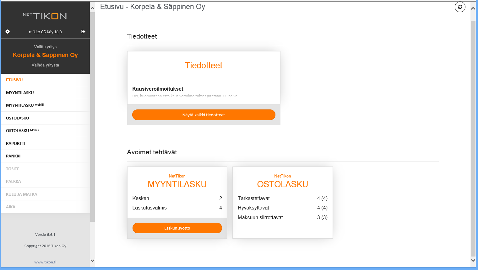 Toukokuu 2016 6 (17) 2.1. Etusivu Etusivu on NetTikon-sovellusten oletusnäkymä sisäänkirjautumisen jälkeen.