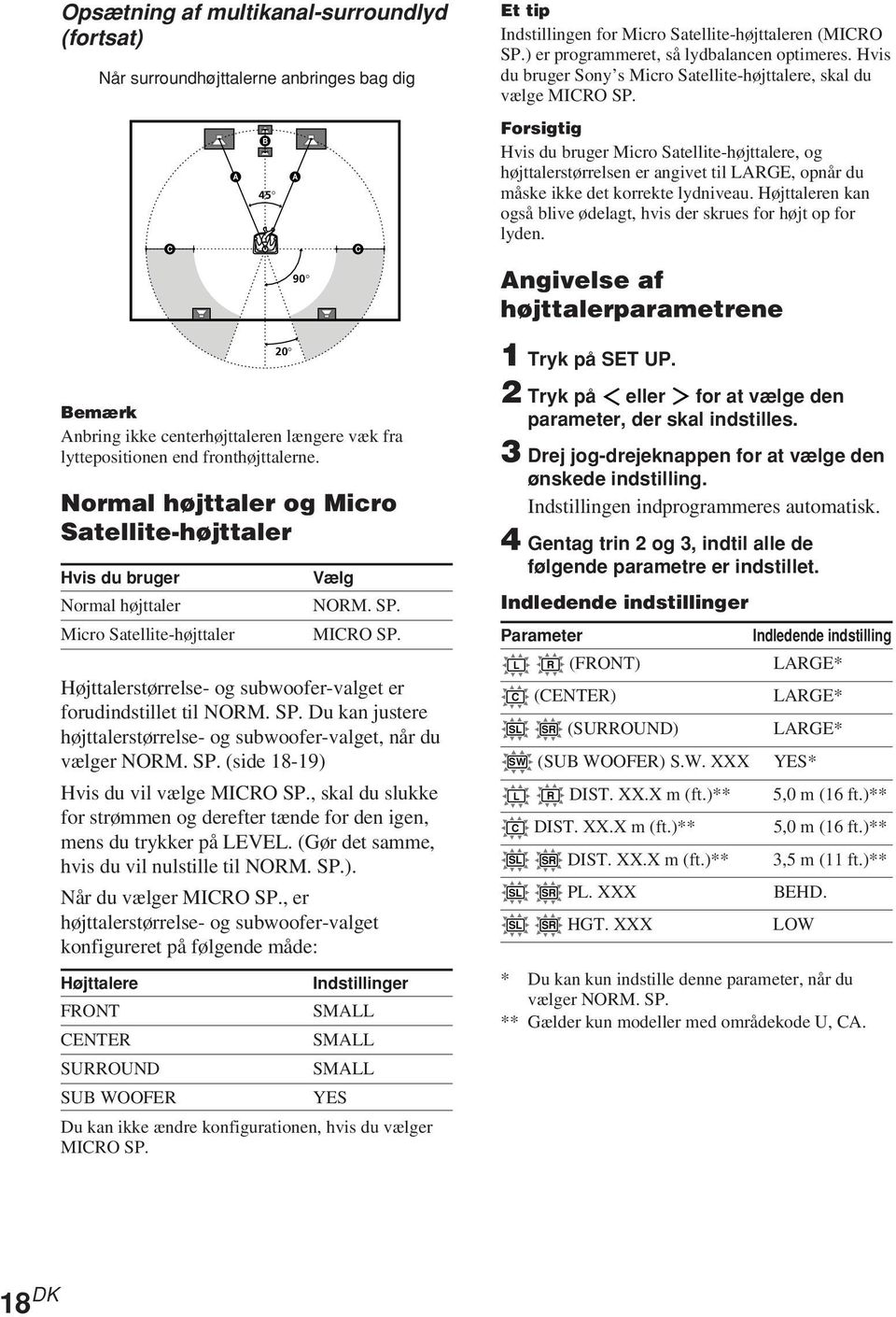 Højttalerstørrelse- og subwoofer-valget er forudindstillet til NOM. SP. Du kan justere højttalerstørrelse- og subwoofer-valget, når du vælger NOM. SP. (side 18-19) Hvis du vil vælge MICO SP.