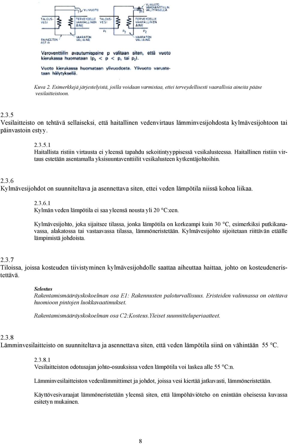 Haitallinen ristiin virtaus estetään asentamalla yksisuuntaventtiilit vesikalusteen kytkentäjohtoihin. 2.3.