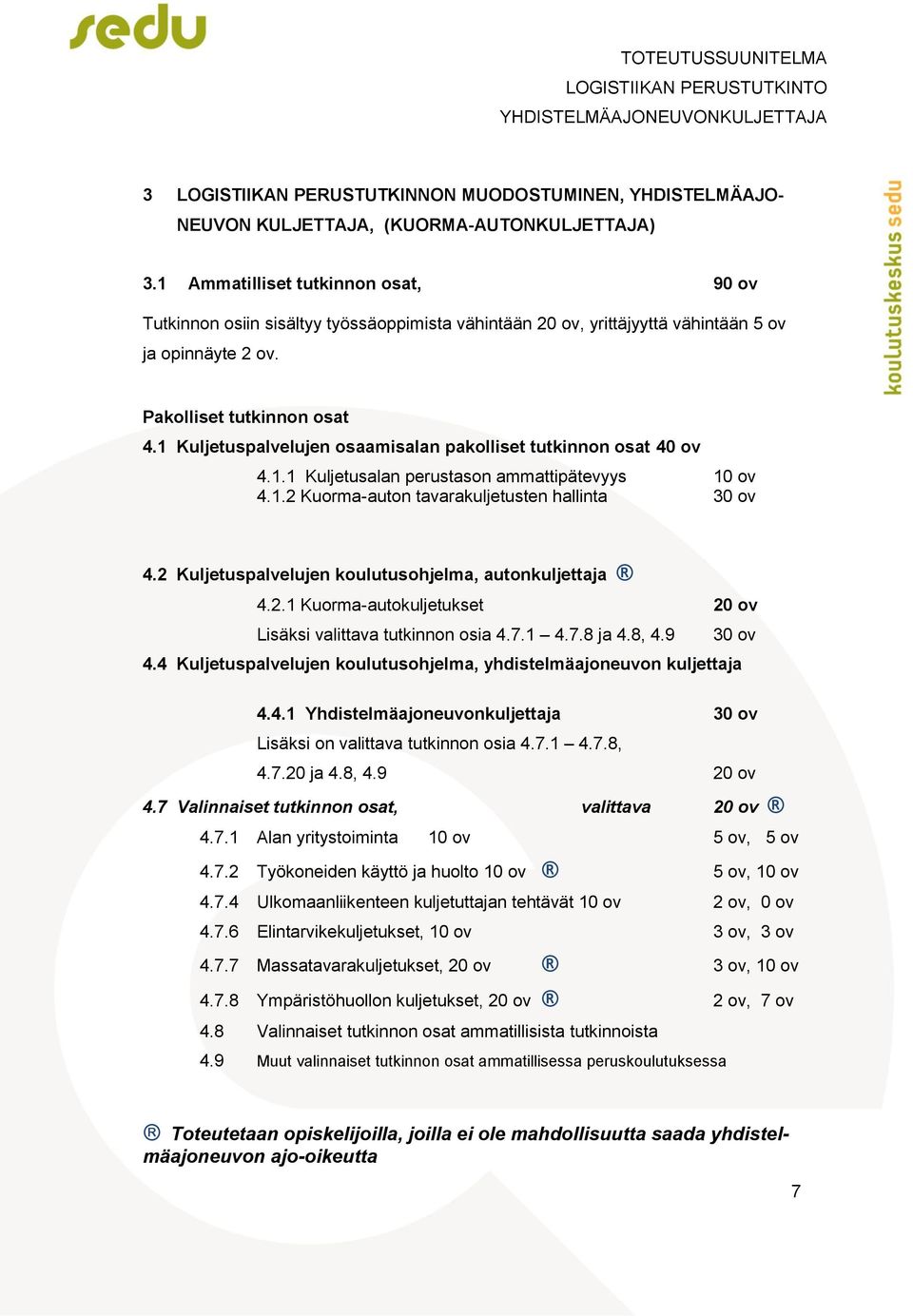 1 Kuljetuspalvelujen osaamisalan pakolliset tutkinnon osat 40 ov 4.1.1 Kuljetusalan perustason ammattipätevyys 10 ov 4.1.2 Kuorma-auton tavarakuljetusten hallinta 30 ov 4.