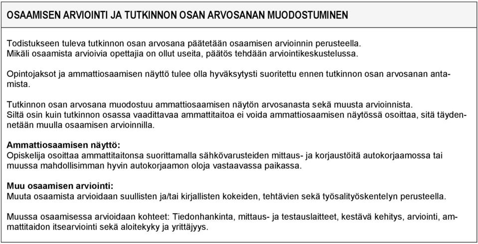 Opintojaksot ja ammattiosaamisen näyttö tulee olla hyväksytysti suoritettu ennen tutkinnon osan arvosanan antamista.