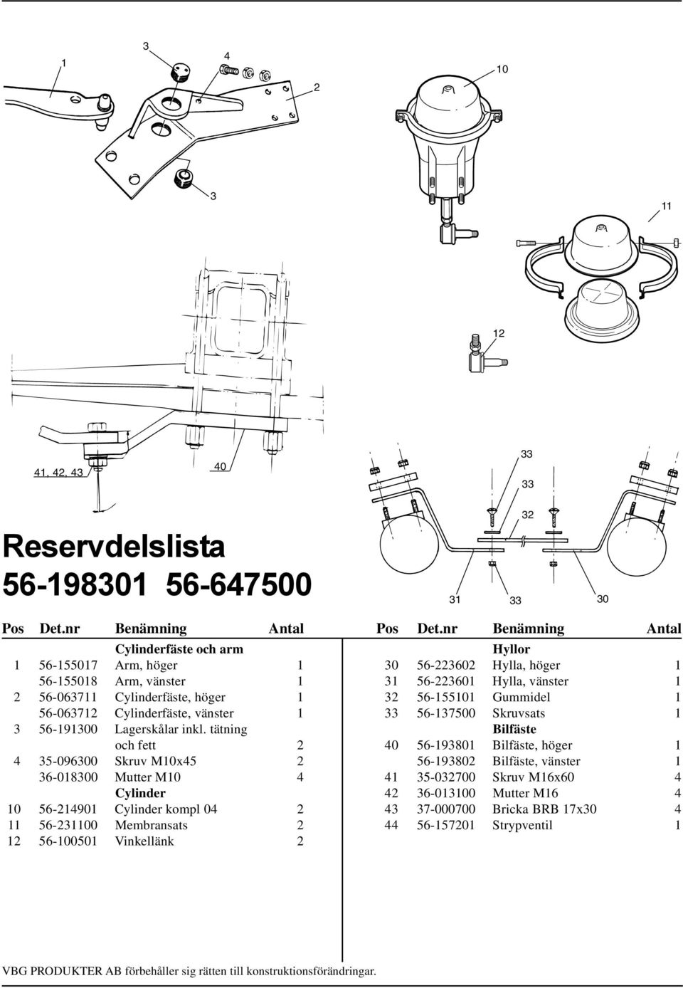 tätning och fett 2 4 35-096300 Skruv M10x45 2 36-018300 Mutter M10 4 Cylinder 10 56-214901 Cylinder kompl 04 2 11 56-231100 Membransats 2 12 56-100501 Vinkellänk 2 Hyllor 30 56-223602 Hylla, höger 1