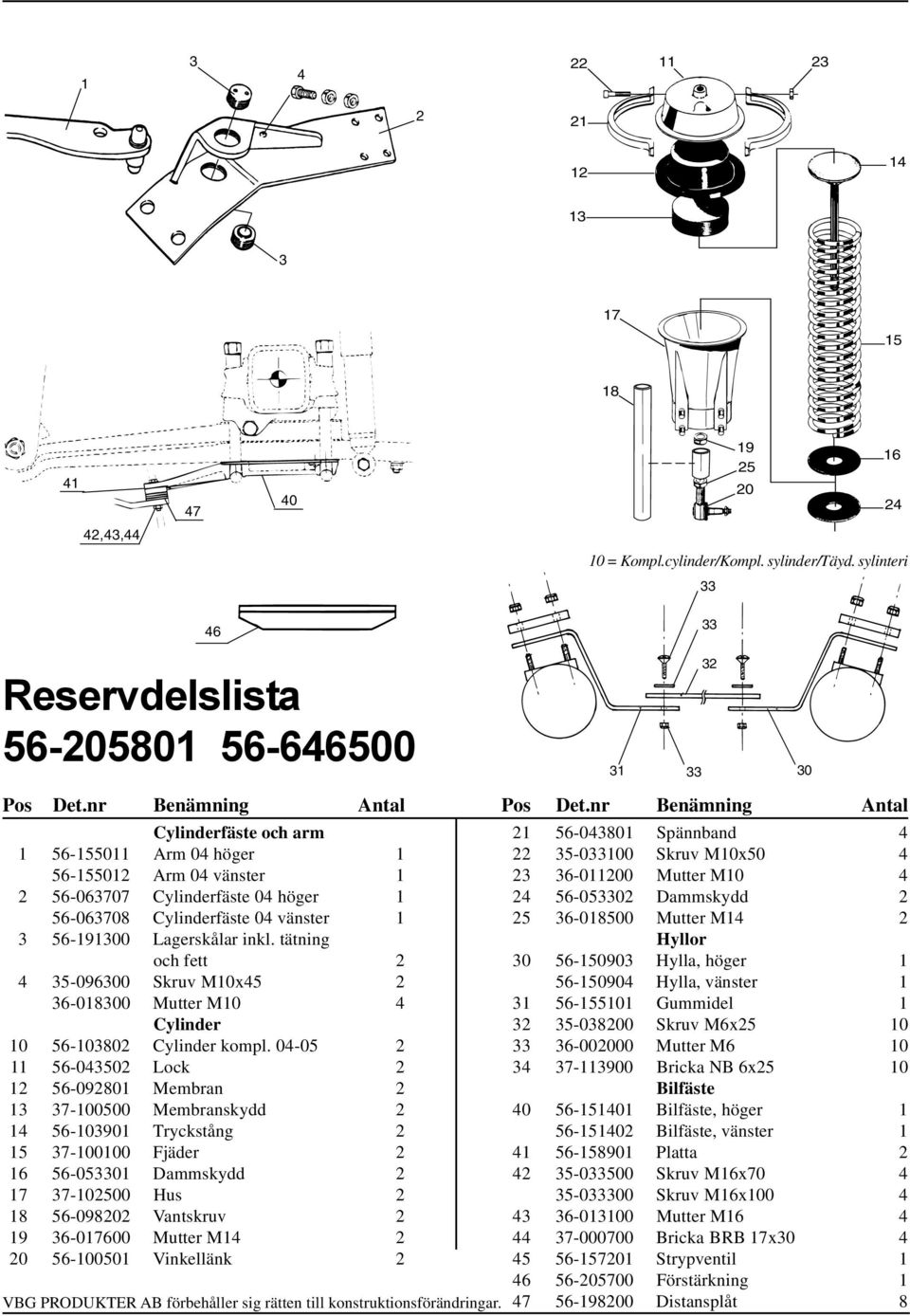 nr Benämning Antal Cylinderfäste och arm 1 56-155011 Arm 04 höger 1 56-155012 Arm 04 vänster 1 2 56-063707 Cylinderfäste 04 höger 1 56-063708 Cylinderfäste 04 vänster 1 3 56-191300 Lagerskålar inkl.