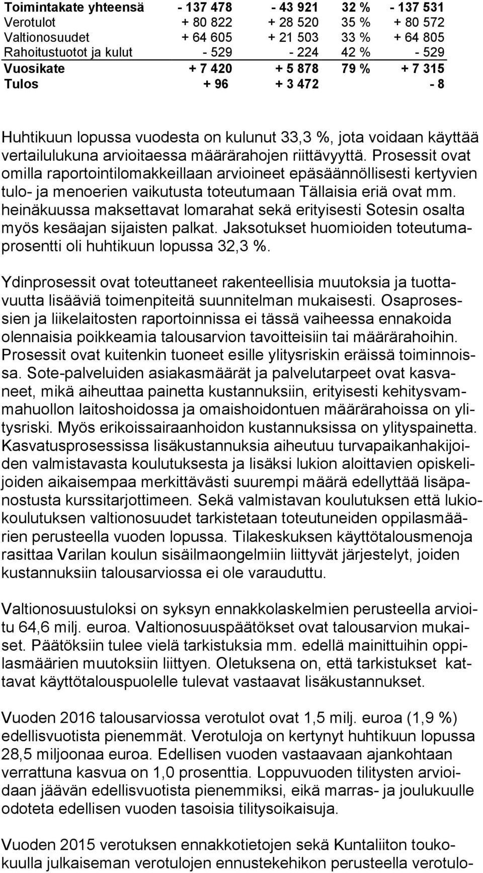 Prosessit ovat omil la raportointilomakkeillaan arvioineet epäsäännöllisesti kertyvien tu lo- ja menoerien vaikutusta toteutumaan Tällaisia eriä ovat mm.