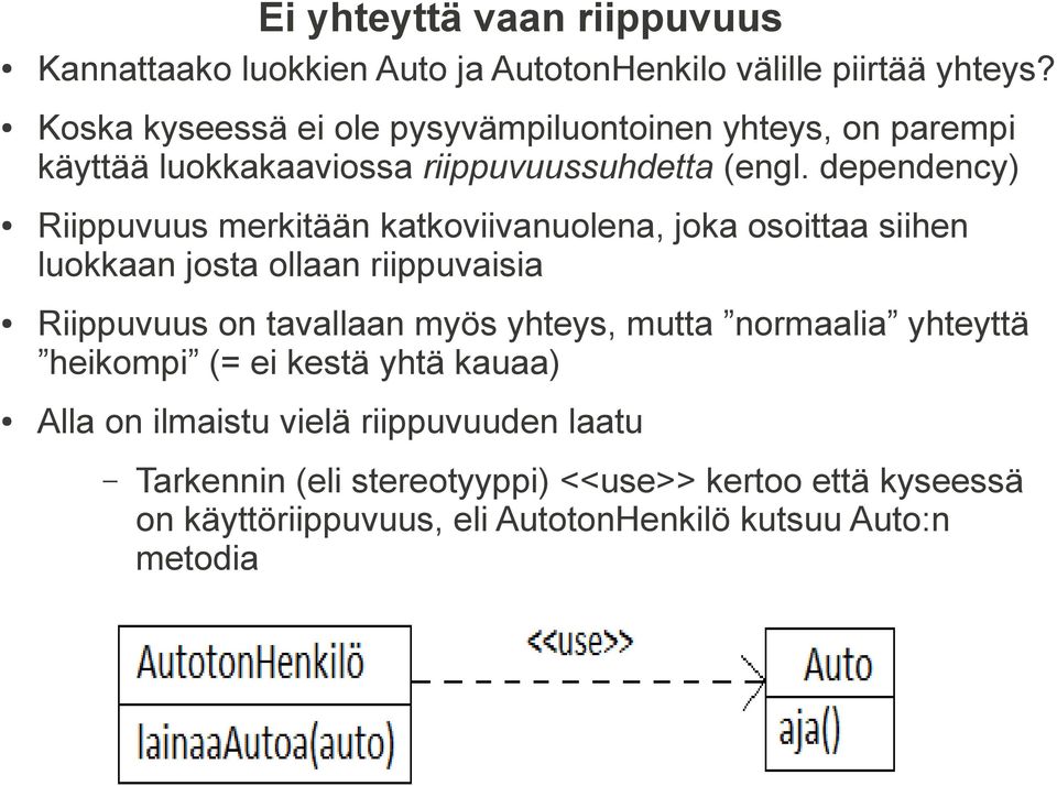 dependency) Riippuvuus merkitään katkoviivanuolena, joka osoittaa siihen luokkaan josta ollaan riippuvaisia Riippuvuus on tavallaan myös