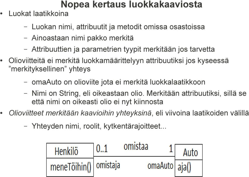 merkityksellinen yhteys omaauto on olioviite jota ei merkitä luokkalaatikkoon Nimi on String, eli oikeastaan olio.