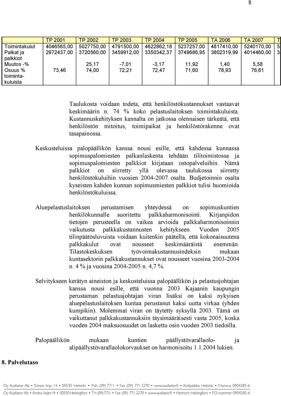 Palvelutaso Taulukosta voidaan todeta, että henkilöstökustannukset vastaavat keskimäärin n. 74 % koko pelastuslaitoksen toimintakuluista.