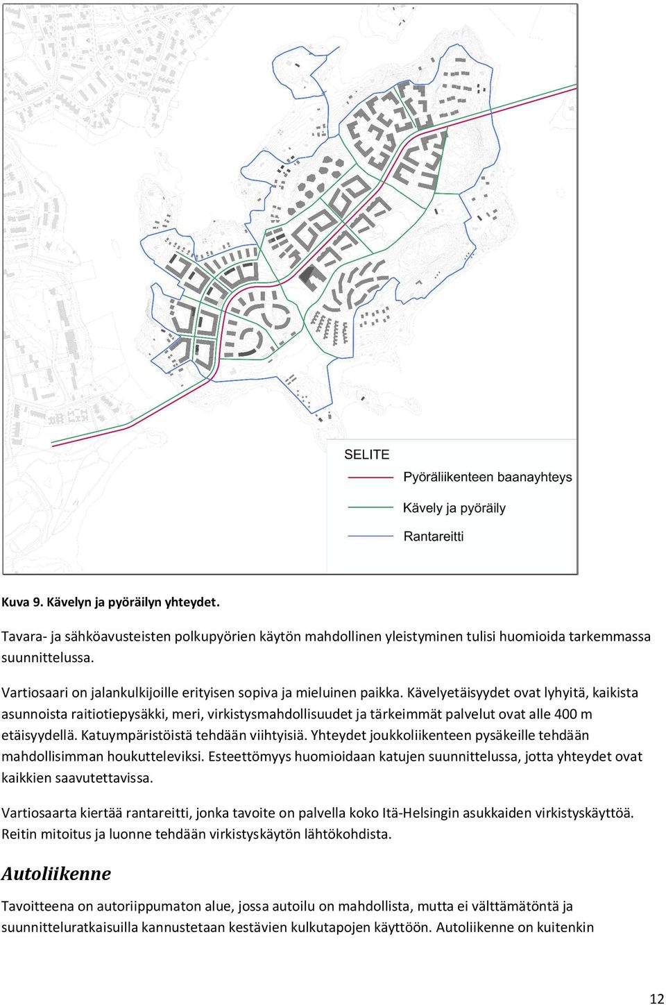 Kävelyetäisyydet ovat lyhyitä, kaikista asunnoista raitiotiepysäkki, meri, virkistysmahdollisuudet ja tärkeimmät palvelut ovat alle 400 m etäisyydellä. Katuympäristöistä tehdään viihtyisiä.