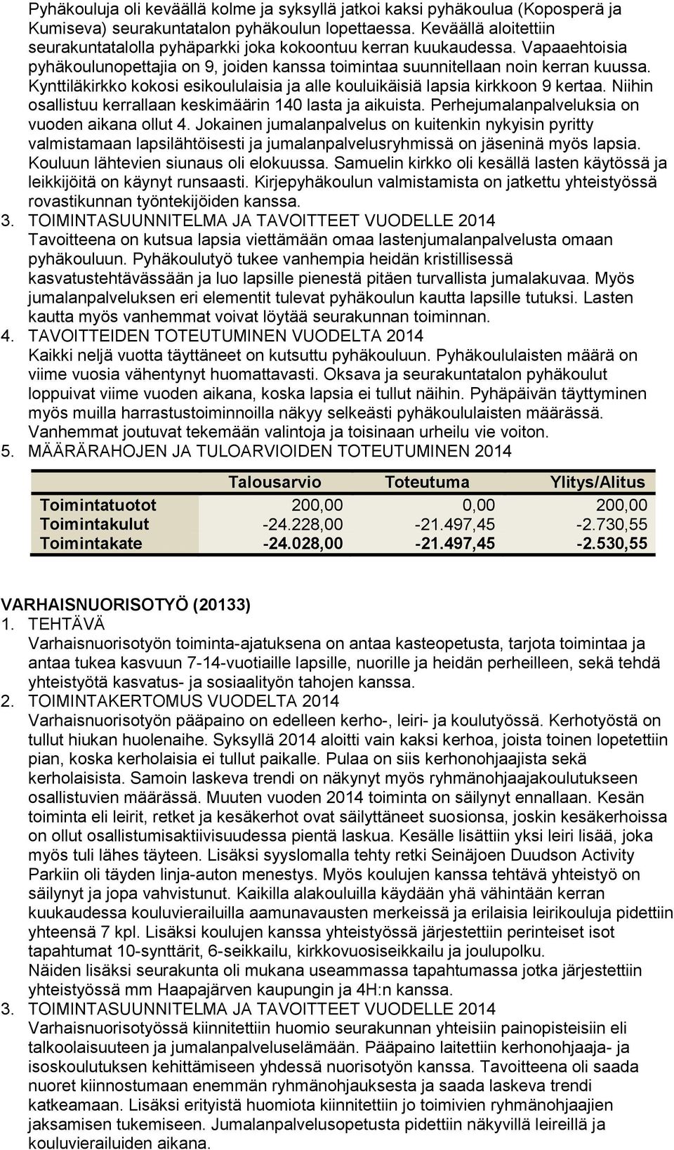 Kynttiläkirkko kokosi esikoululaisia ja alle kouluikäisiä lapsia kirkkoon 9 kertaa. Niihin osallistuu kerrallaan keskimäärin 140 lasta ja aikuista. Perhejumalanpalveluksia on vuoden aikana ollut 4.