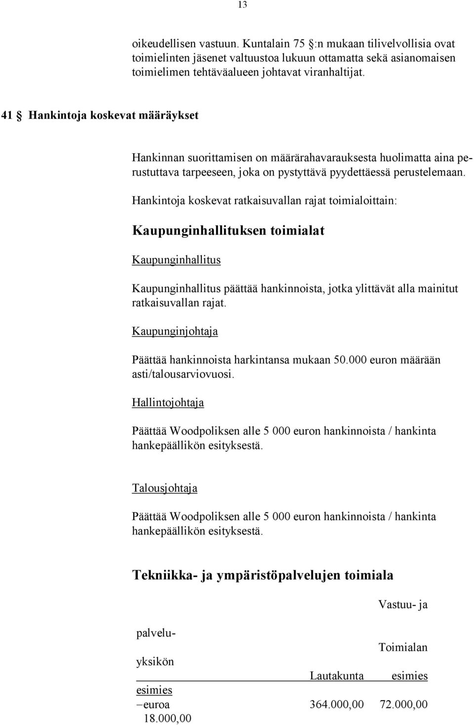 Hankintoja koskevat ratkaisuvallan rajat toimialoittain: Kaupunginhallituksen toimialat Kaupunginhallitus Kaupunginhallitus päättää hankinnoista, jotka ylittävät alla mainitut ratkaisuvallan rajat.