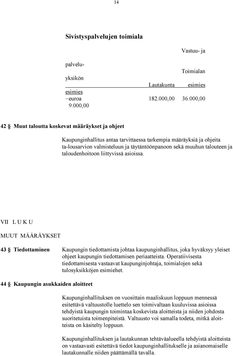 taloudenhoitoon liittyvissä asioissa. VII L U K U MUUT MÄÄRÄYKSET 43 Tiedottaminen Kaupungin tiedottamista johtaa kaupunginhallitus, joka hyväksyy yleiset ohjeet kaupungin tiedottamisen periaatteista.