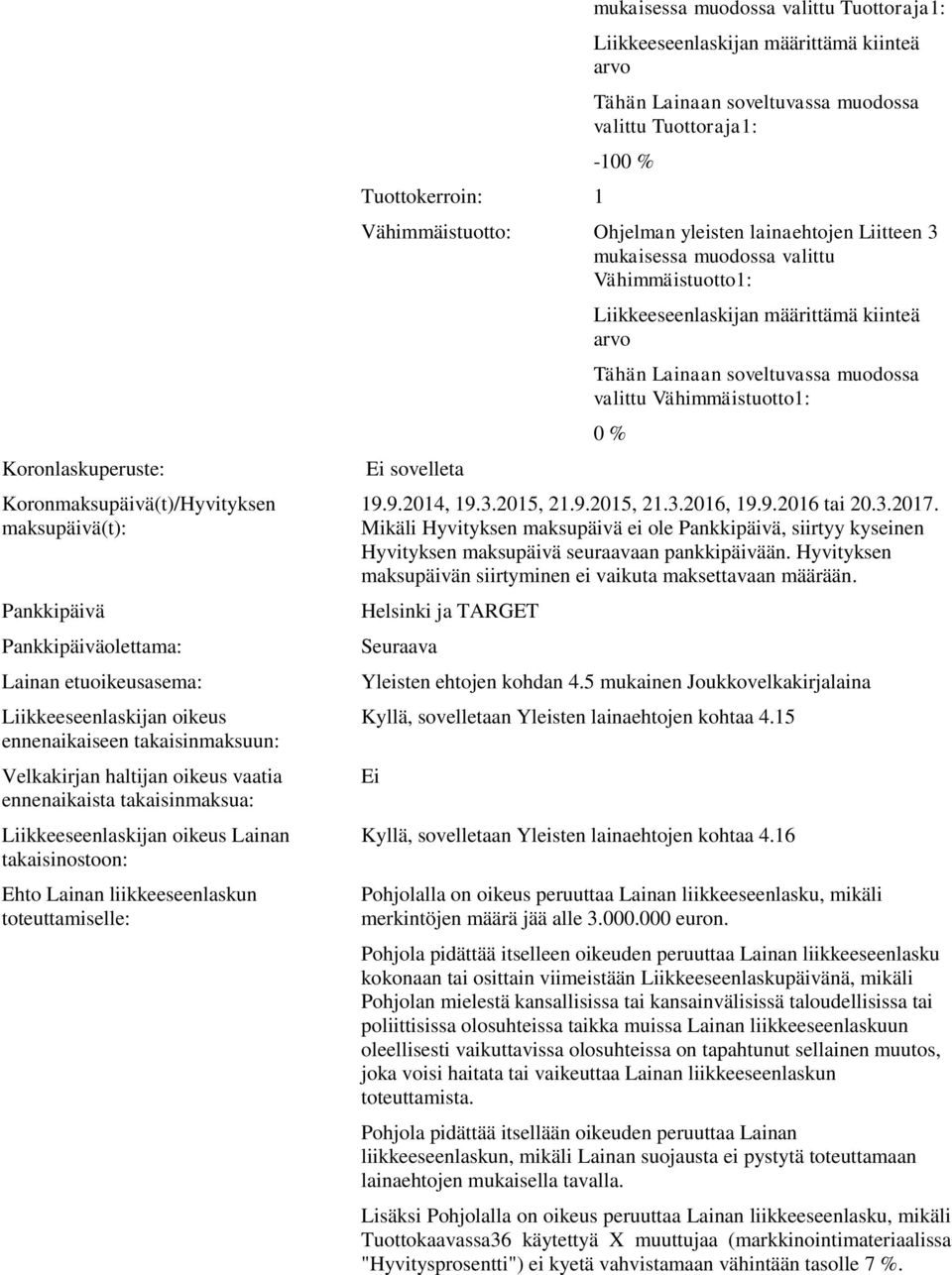 Liikkeeseenlaskijan määrittämä kiinteä arvo Tähän Lainaan soveltuvassa muodossa valittu Tuottoraja1: -100 % Vähimmäistuotto: Ohjelman yleisten lainaehtojen Liitteen 3 mukaisessa muodossa valittu