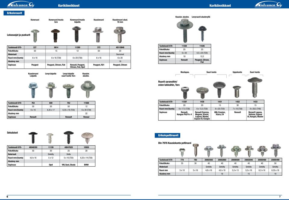 mm 18 Peugeot Peugeot, Citroen, Fiat Renault, Peugeot, Citroen, Fiat, Opel Kuusioruuvi Levyr.laipalla Levyr.laipalla Kuusior. Laipalla suuri kanta Torx aluslev.