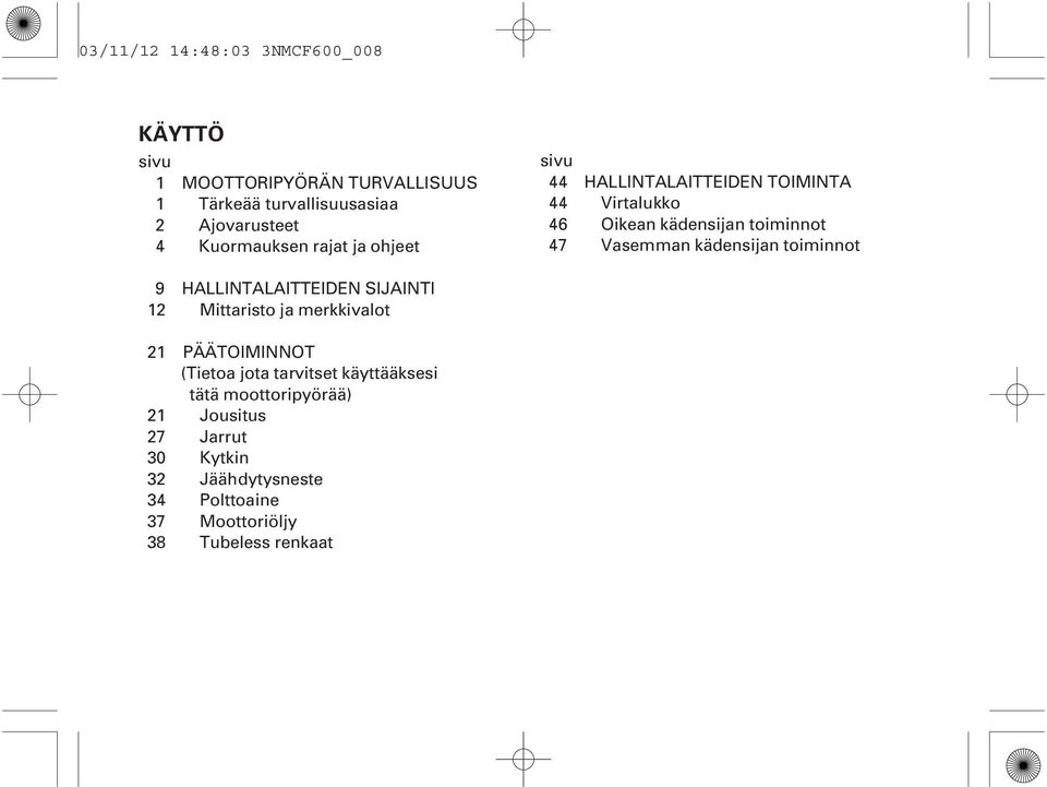 kädensijan toiminnot 9 HALLINTALAITTEIDEN SIJAINTI 12 Mittaristo ja merkkivalot 21 PÄÄTOIMINNOT (Tietoa jota tarvitset