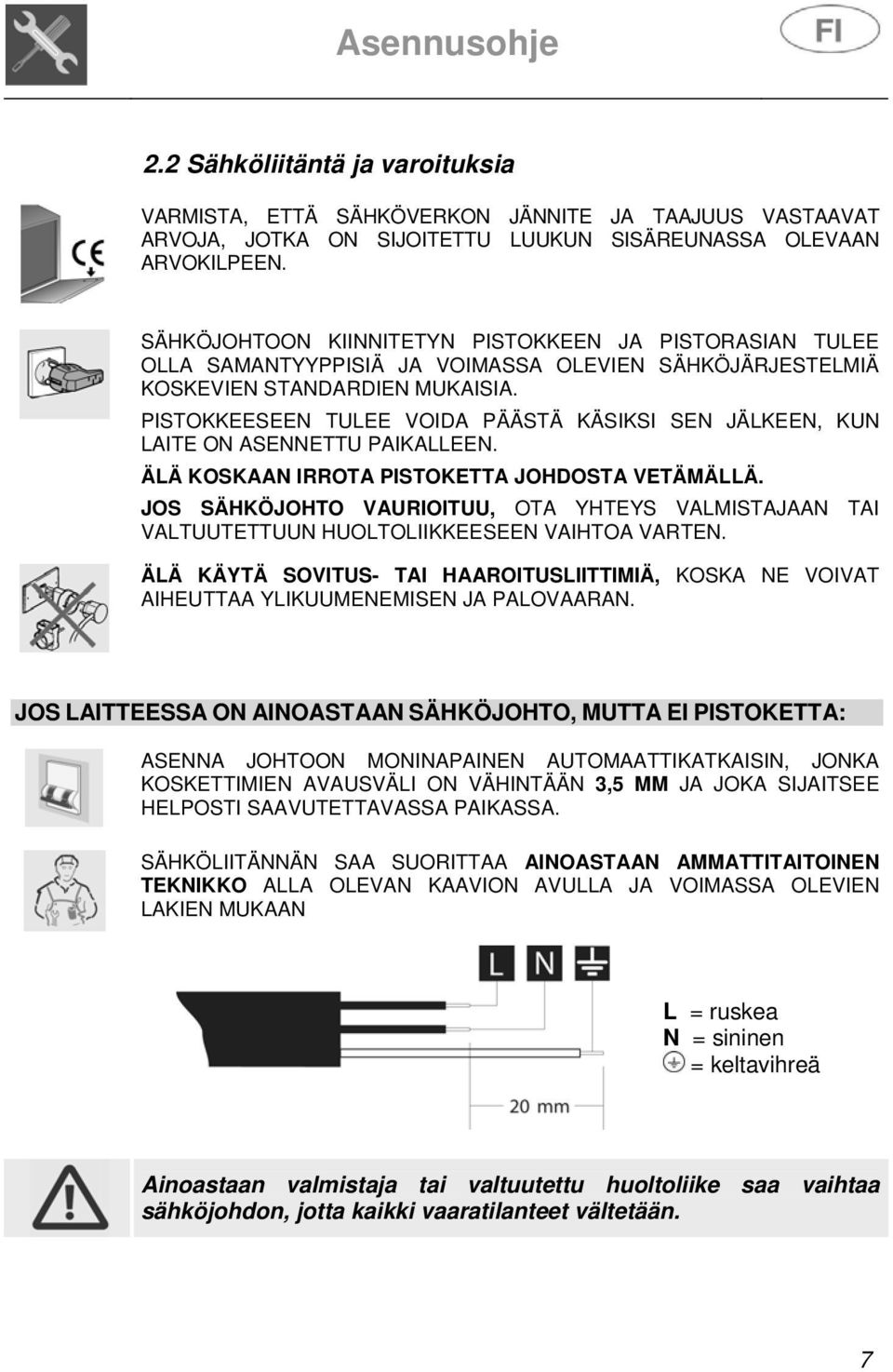PISTOKKEESEEN TULEE VOIDA PÄÄSTÄ KÄSIKSI SEN JÄLKEEN, KUN LAITE ON ASENNETTU PAIKALLEEN. ÄLÄ KOSKAAN IRROTA PISTOKETTA JOHDOSTA VETÄMÄLLÄ.