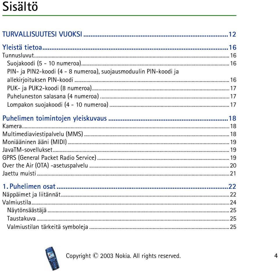 ..17 Lompakon suojakoodi (4-10 numeroa)...17 Puhelimen toimintojen yleiskuvaus...18 Kamera...18 Multimediaviestipalvelu (MMS)...18 Moniääninen ääni (MIDI)...19 JavaTM-sovellukset.