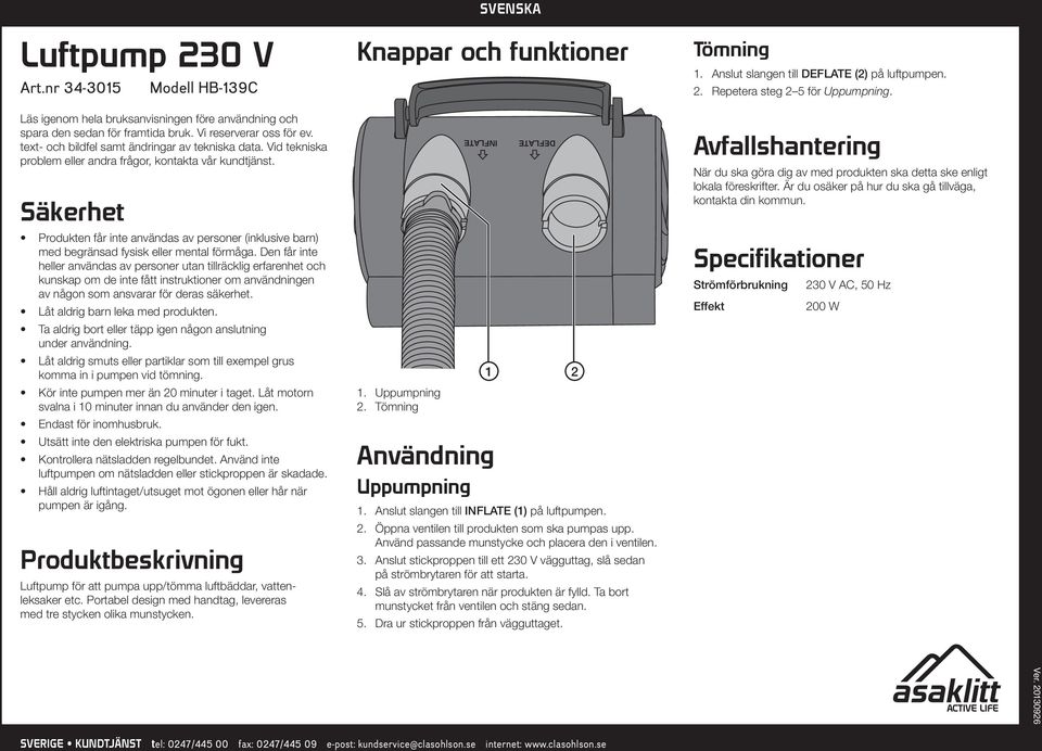 Säkerhet Produkten får inte användas av personer (inklusive barn) med begränsad fysisk eller mental förmåga.