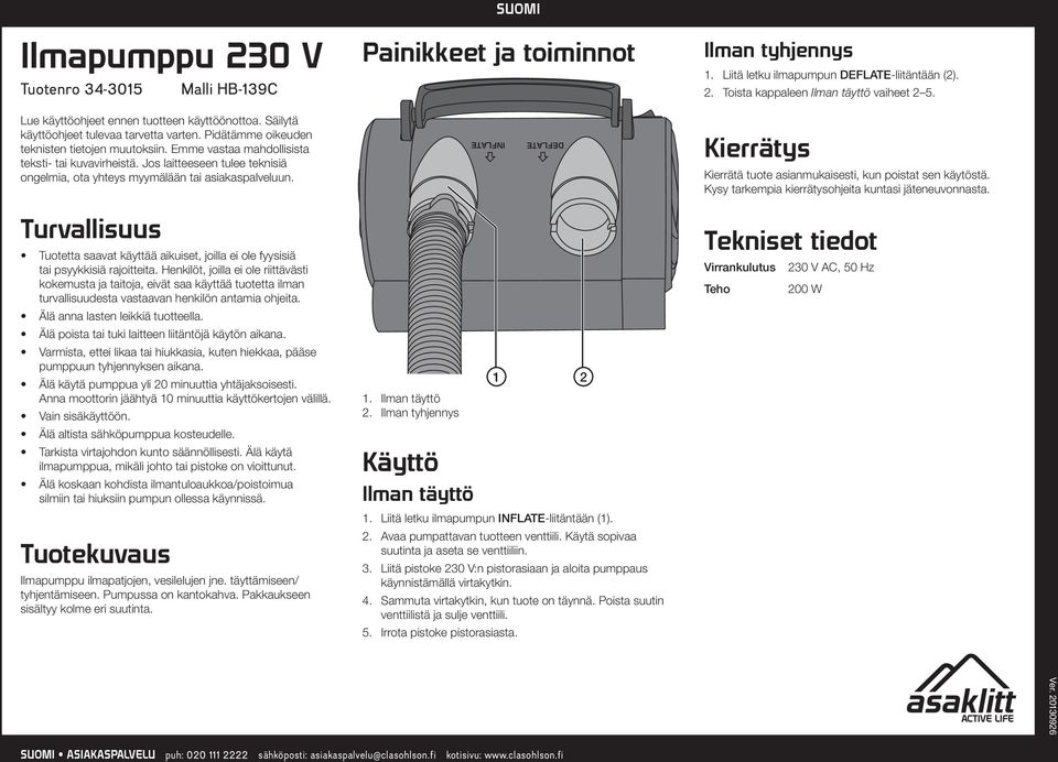 Jos laitteeseen tulee teknisiä ongelmia, ota yhteys myymälään tai asiakaspalveluun. Kierrätys Kierrätä tuote asianmukaisesti, kun poistat sen käytöstä.