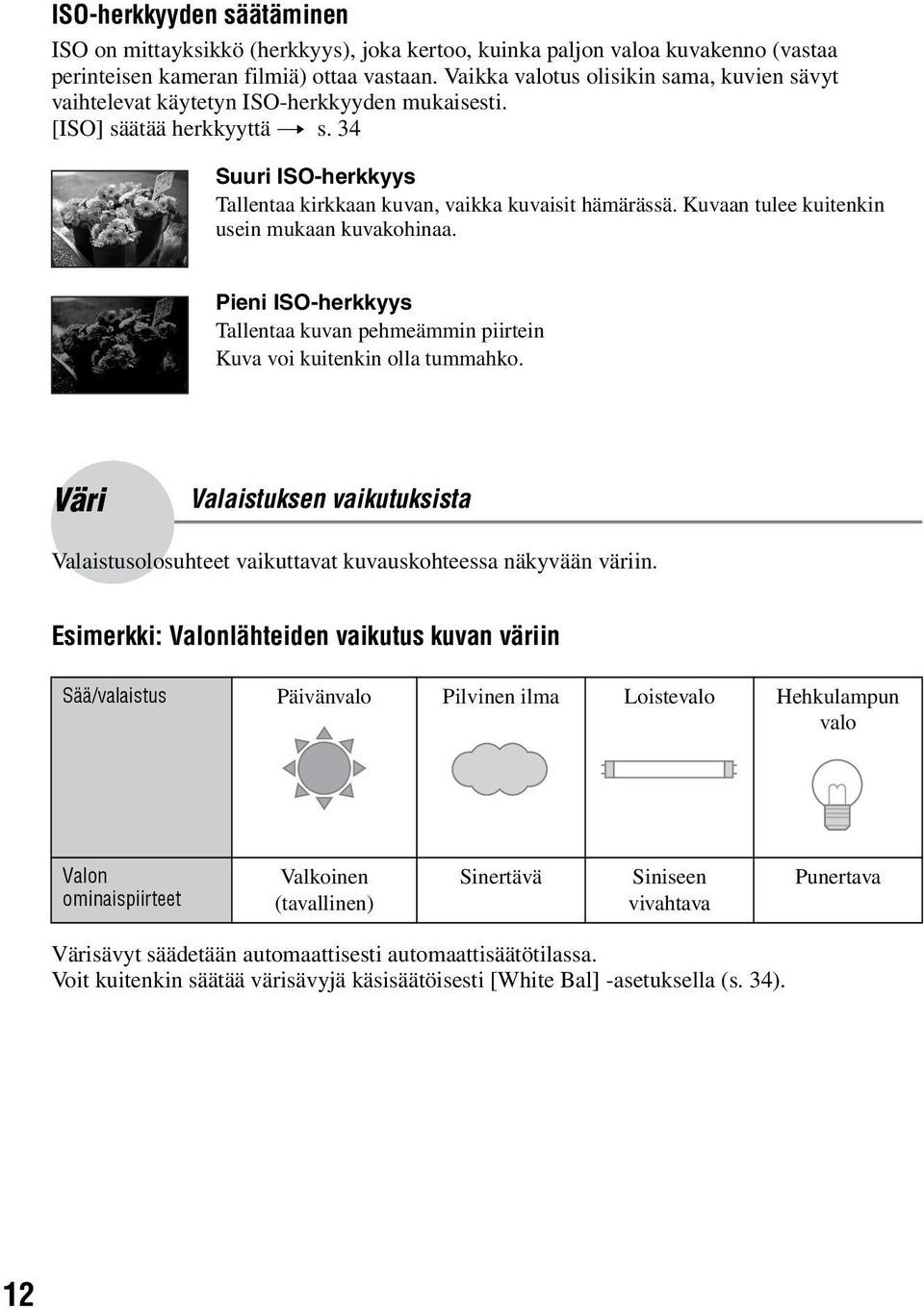 Kuvaan tulee kuitenkin usein mukaan kuvakohinaa. Pieni ISO-herkkyys Tallentaa kuvan pehmeämmin piirtein Kuva voi kuitenkin olla tummahko.