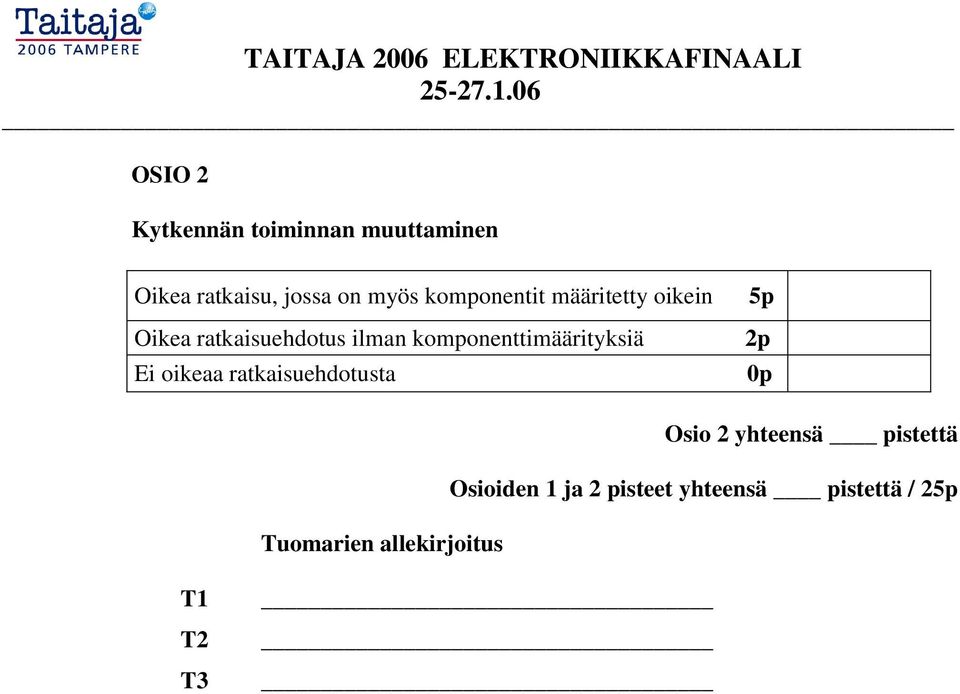 komponenttimäärityksiä Ei oikeaa ratkaisuehdotusta 5p 2p 0p Tuomarien