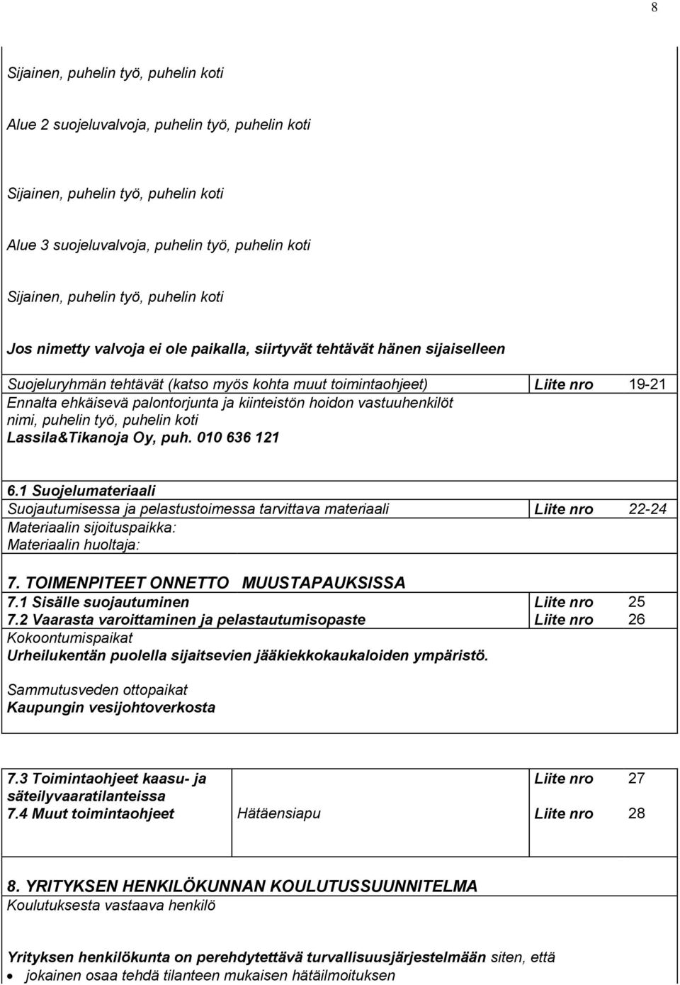 ja kiinteistön hoidon vastuuhenkilöt nimi, puhelin työ, puhelin koti Lassila&Tikanoja Oy, puh. 010 636 121 6.