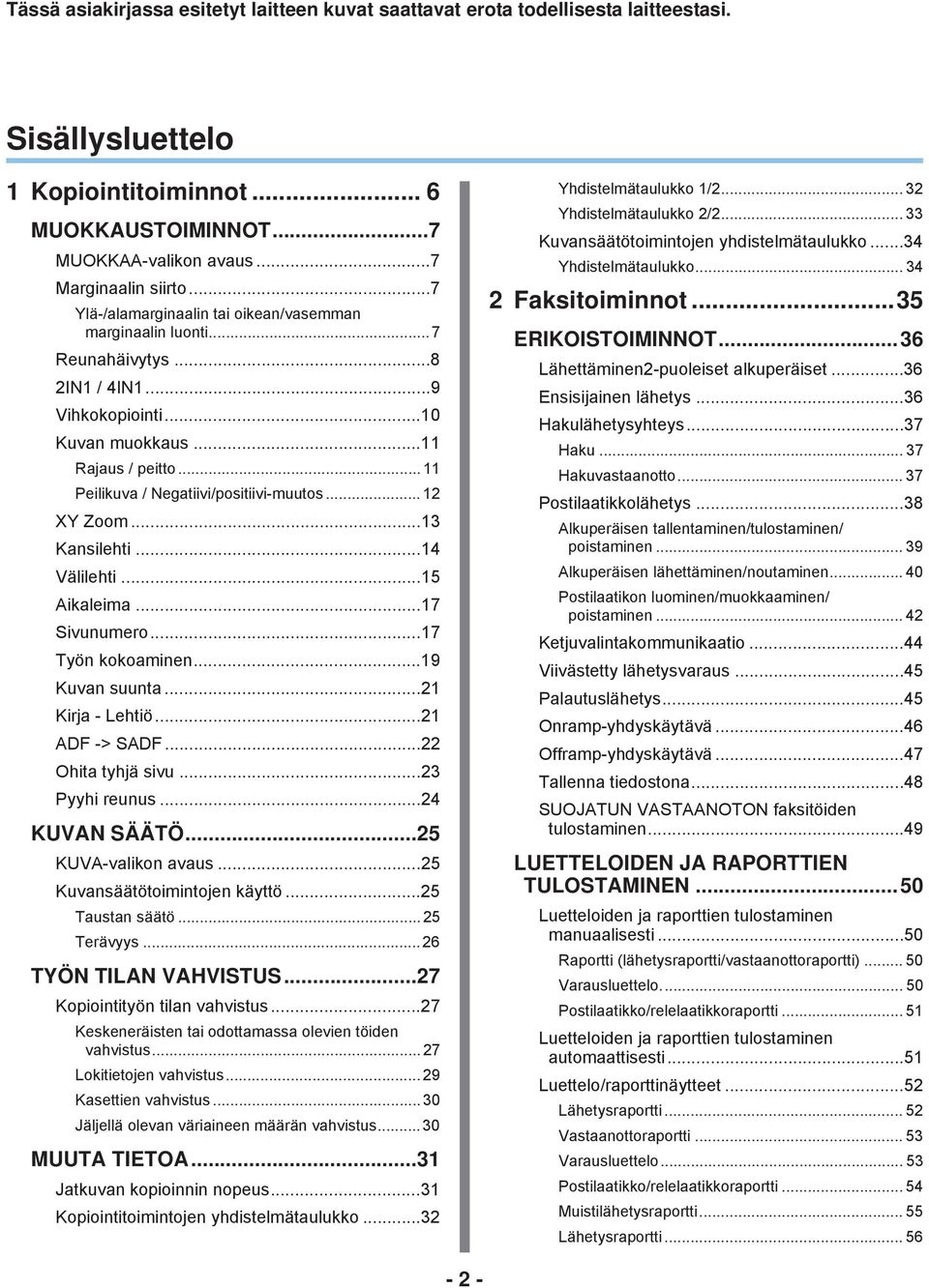 .. Kansilehti... Välilehti... Aikaleima... Sivunumero... Työn kokoaminen...9 Kuvan suunta... Kirja - Lehtiö... ADF -> SADF... Ohita tyhjä sivu... Pyyhi reunus... KUVAN SÄÄTÖ... KUVA-valikon avaus.