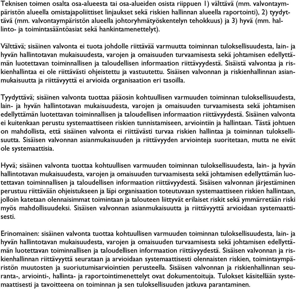 valvontaympäristön alueella johtoryhmätyöskentelyn tehokkuus) ja 3) hyvä (mm. hallinto- ja toimintasääntöasiat sekä hankintamenettelyt).