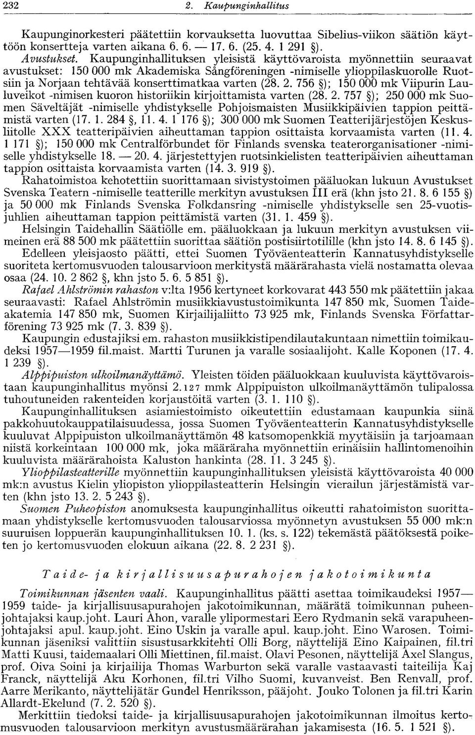 (28. 2. 756 ); 150 000 mk Viipurin Lauluveikot -nimisen kuoron historiikin kirjoittamista varten (28. 2. 757 ); 250 000 mk Suomen Säveltäjät -nimiselle yhdistykselle Pohjoismaisten Musiikkipäivien tappion peittämistä varten (17.