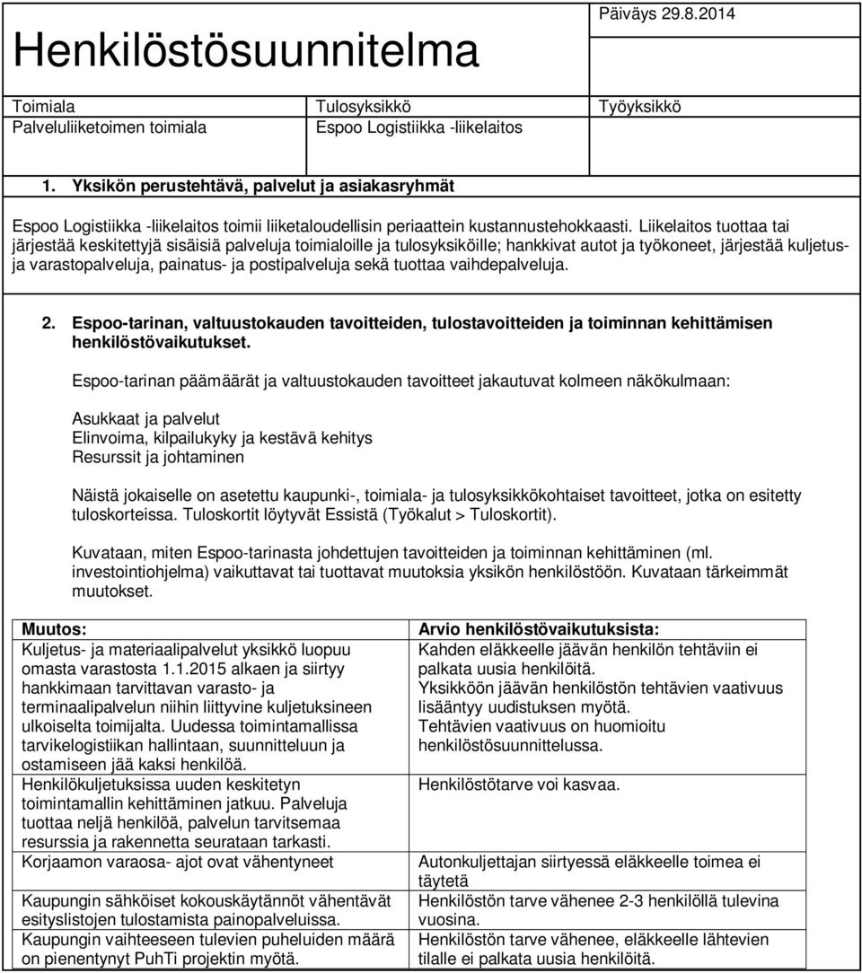 Liikelaitos tuottaa tai järjestää keskitettyjä sisäisiä palveluja toimialoille ja tulosyksiköille; hankkivat autot ja työkoneet, järjestää kuljetusja varastopalveluja, painatus- ja postipalveluja