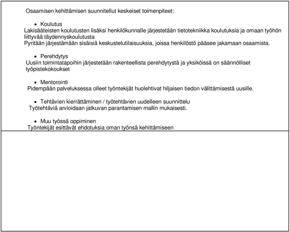 Perehdytys Uusiin toimintatapoihin järjestetään rakenteellista perehdytystä ja yksiköissä on säännölliset työpistekokoukset Mentorointi Pidempään palveluksessa olleet työntekijät