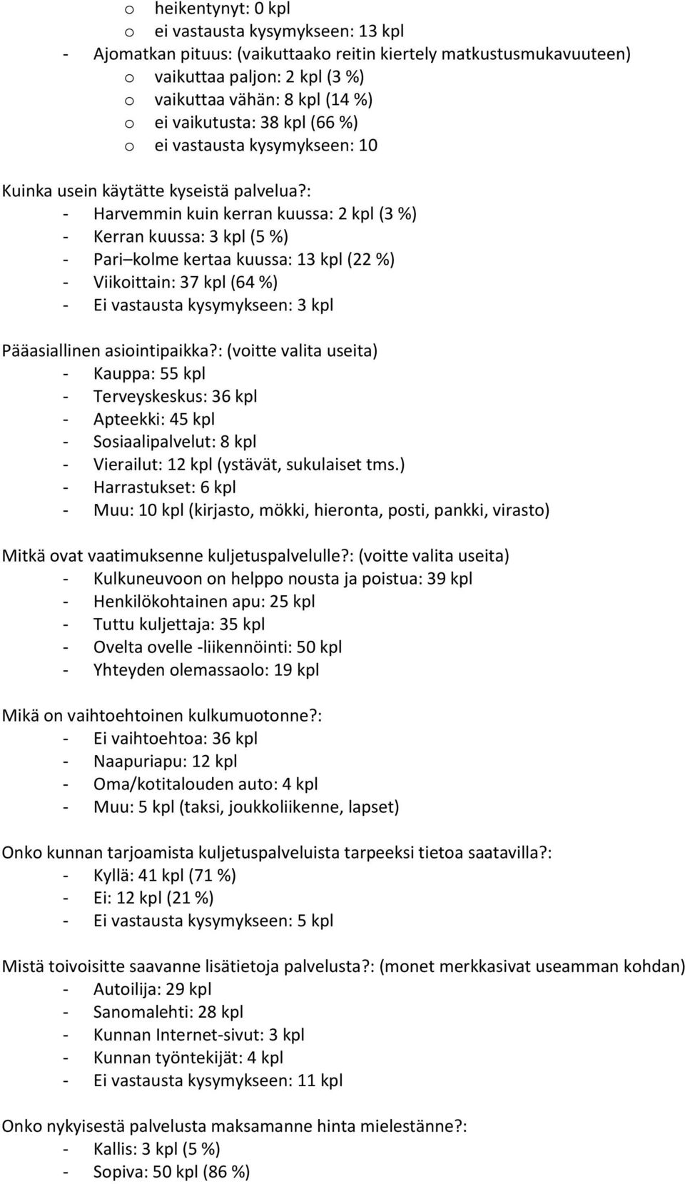 : - Harvemmin kuin kerran kuussa: 2 kpl (3 %) - Kerran kuussa: 3 kpl (5 %) - Pari kolme kertaa kuussa: 13 kpl (22 %) - Viikoittain: 37 kpl (64 %) - Ei vastausta kysymykseen: 3 kpl Pääasiallinen
