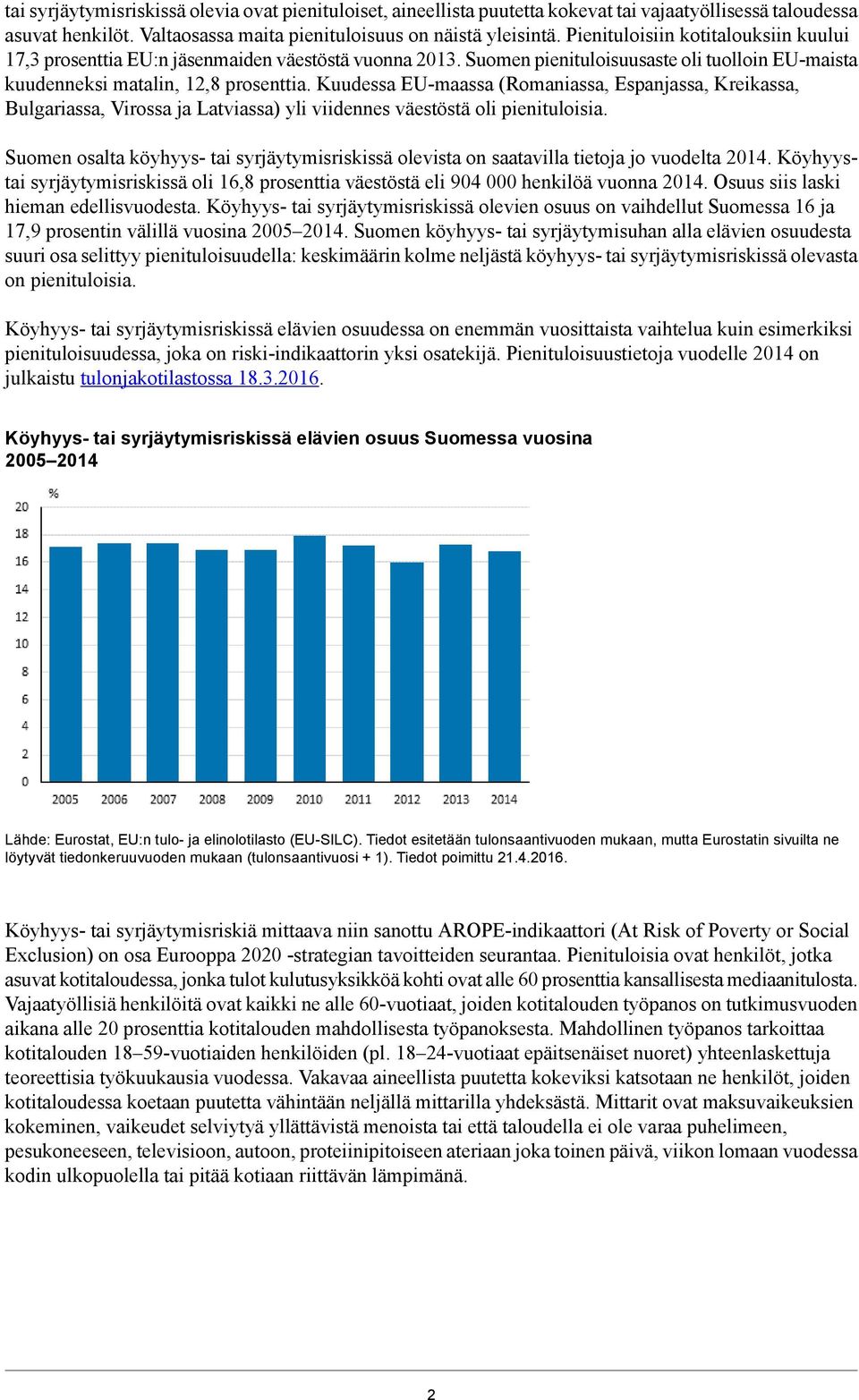 Kuudessa EU-maassa (Romaniassa, Espanjassa, Kreikassa, Bulgariassa, Virossa ja Latviassa) yli viidennes väestöstä oli pienituloisia.