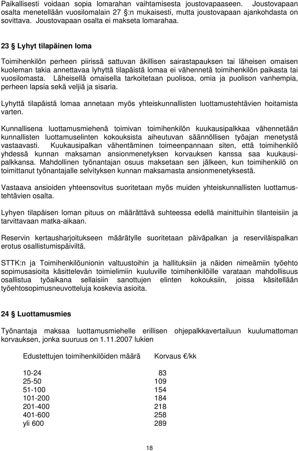 23 Lyhyt tilapäinen loma Toimihenkilön perheen piirissä sattuvan äkillisen sairastapauksen tai läheisen omaisen kuoleman takia annettavaa lyhyttä tilapäistä lomaa ei vähennetä toimihenkilön paikasta