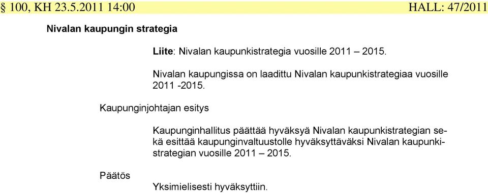 Nivalan kaupungissa on laadittu Nivalan kaupunkistrategiaa vuosille 2011-2015.