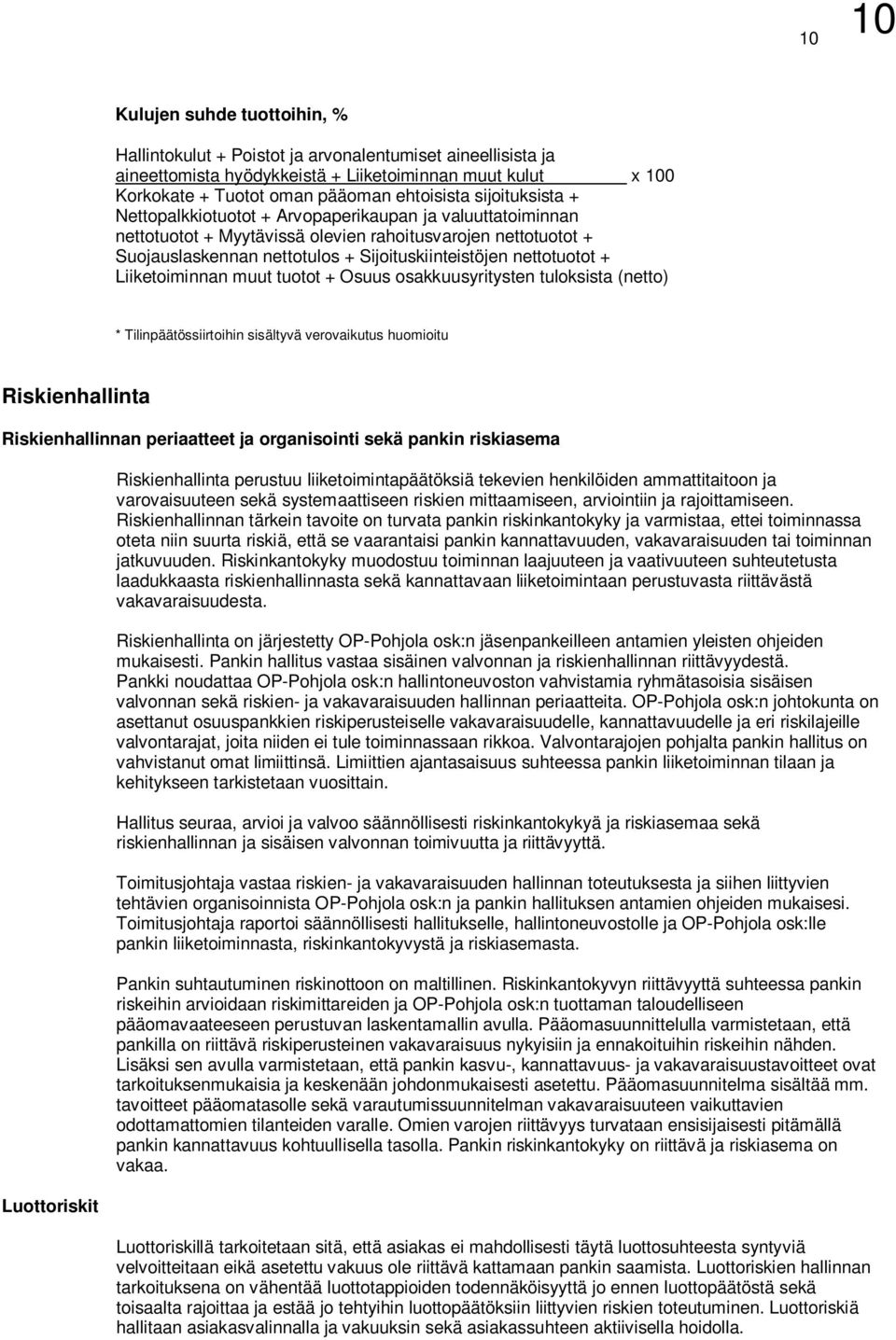 nettotuotot + Liiketoiminnan muut tuotot + Osuus osakkuusyritysten tuloksista (netto) * Tilinpäätössiirtoihin sisältyvä verovaikutus huomioitu Riskienhallinta Riskienhallinnan periaatteet ja