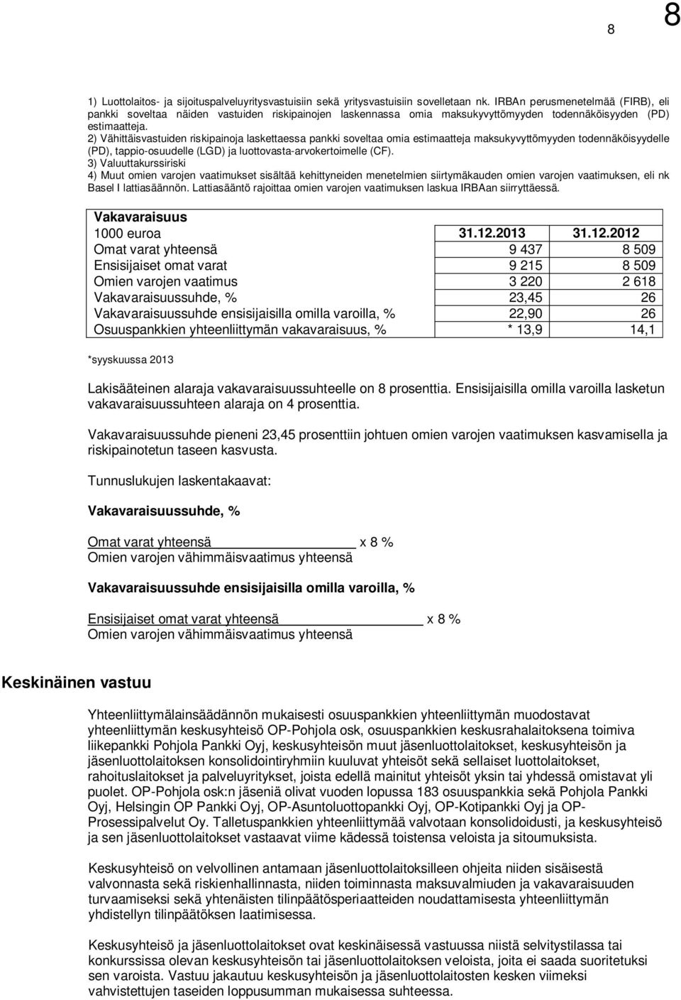 2) Vähittäisvastuiden riskipainoja laskettaessa pankki soveltaa omia estimaatteja maksukyvyttömyyden todennäköisyydelle (PD), tappio-osuudelle (LGD) ja luottovasta-arvokertoimelle (CF).