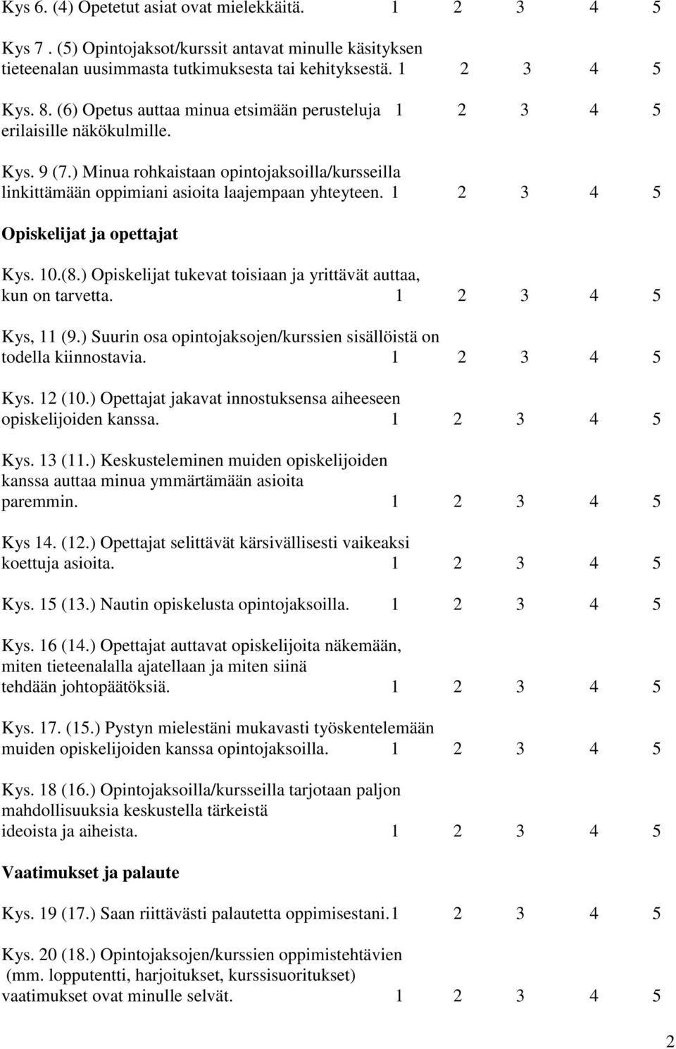 1 2 3 4 5 Opiskelijat ja opettajat Kys. 10.(8.) Opiskelijat tukevat toisiaan ja yrittävät auttaa, kun on tarvetta. 1 2 3 4 5 Kys, 11 (9.