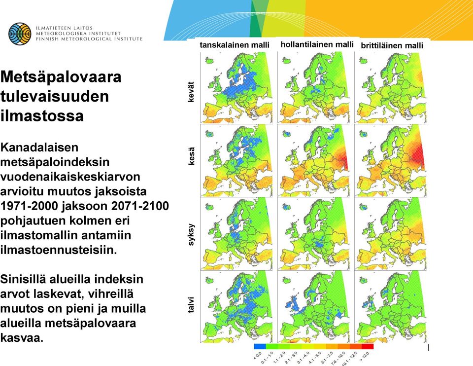 jaksoista 1971-2000 jaksoon 2071-2100 pohjautuen kolmen eri ilmastomallin antamiin