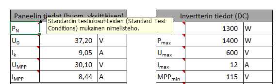 50 9 AURINKOSÄHKÖJÄRJESTELMÄN MITOITUSTYÖKALU Tarkoituksena oli tehdä Microsoft Office Excel -pohjainen laskentatyökalu, jolla pystytään mitoittamaan aurinkosähköjärjestelmä ja laskemaan onko