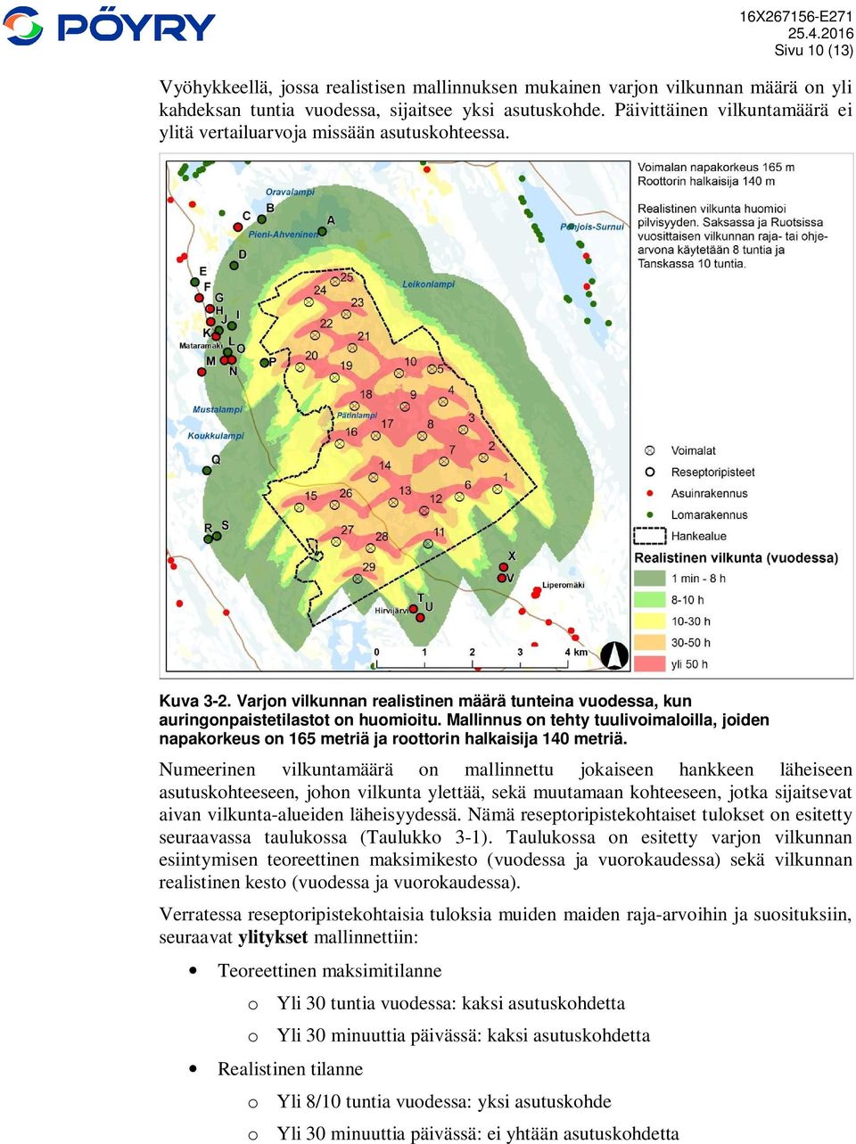 Mallinnus on tehty tuulivoimaloilla, joiden napakorkeus on 165 metriä ja roottorin halkaisija 140 metriä.