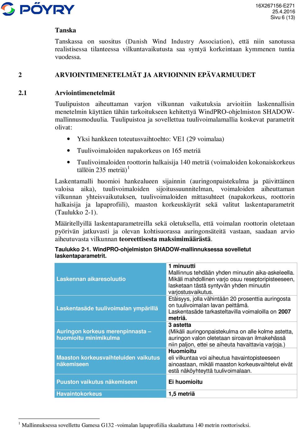 1 Arviointimenetelmät Tuulipuiston aiheuttaman varjon vilkunnan vaikutuksia arvioitiin laskennallisin menetelmin käyttäen tähän tarkoitukseen kehitettyä WindPRO-ohjelmiston SHADOWmallinnusmoduulia.