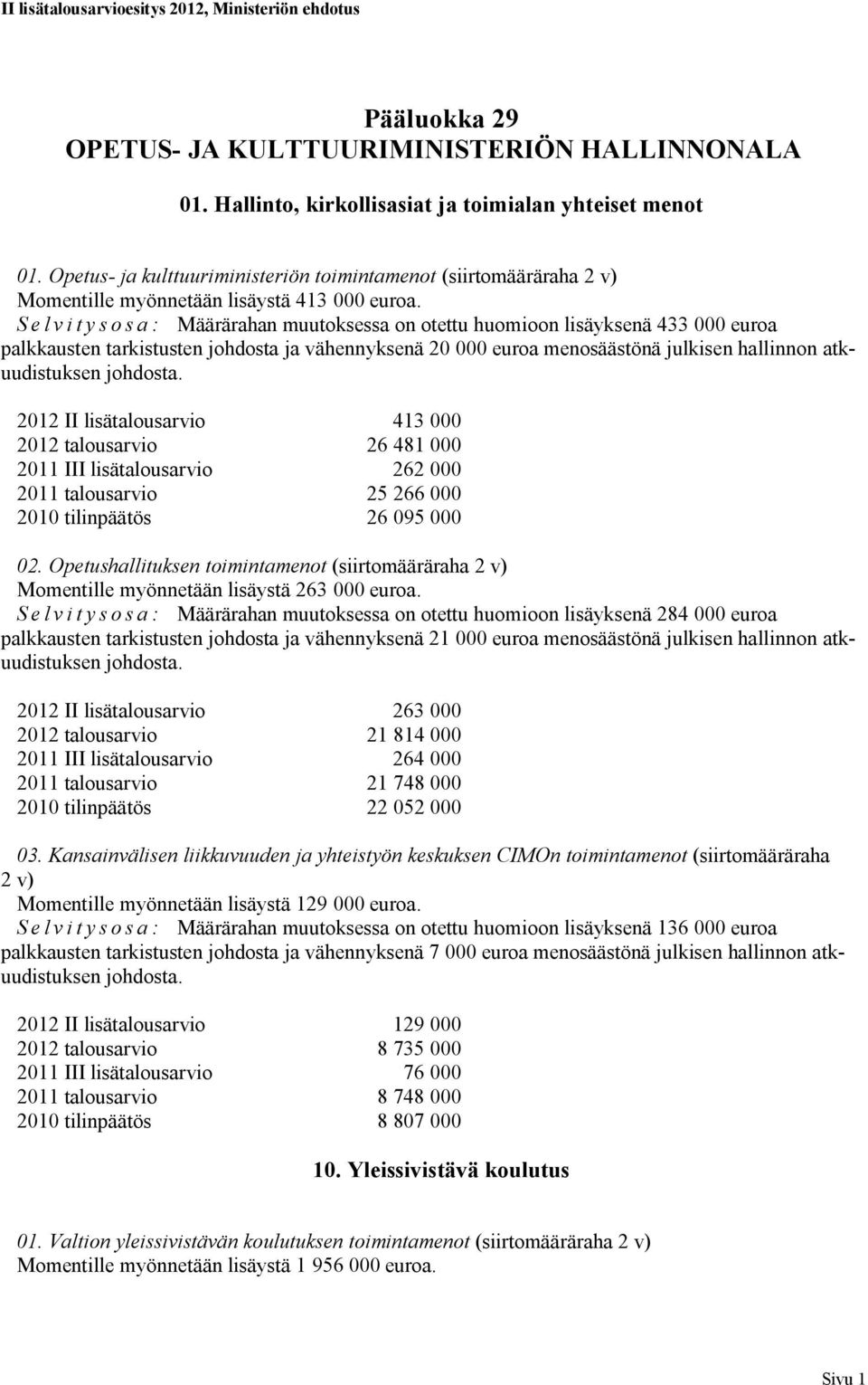 Selvitysosa: Määrärahan muutoksessa on otettu huomioon lisäyksenä 433 000 euroa palkkausten tarkistusten johdosta ja vähennyksenä 20 000 euroa menosäästönä julkisen hallinnon atkuudistuksen 2012 II