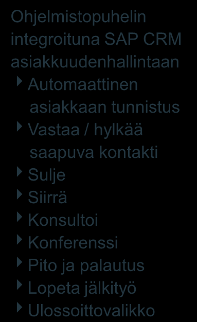 Asiakaspalvelukeskuksen työkalut Asiakaspalvelija Ohjelmistopuhelimen integraatio asiakashallintajärjestelmiin nopeuttaa asiakaskontaktien käsittelyä ja parantaa asiakaspalvelun laatua