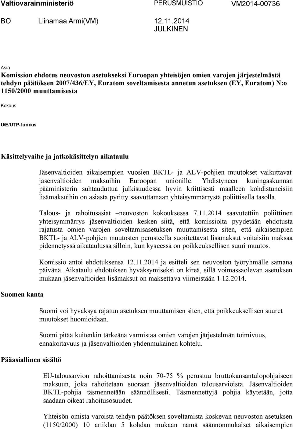 1150/2000 muuttamisesta Kokous U/E/UTP-tunnus Käsittelyvaihe ja jatkokäsittelyn aikataulu Suomen kanta Pääasiallinen sisältö Jäsenvaltioiden aikaisempien vuosien BKTL- ja ALV-pohjien muutokset