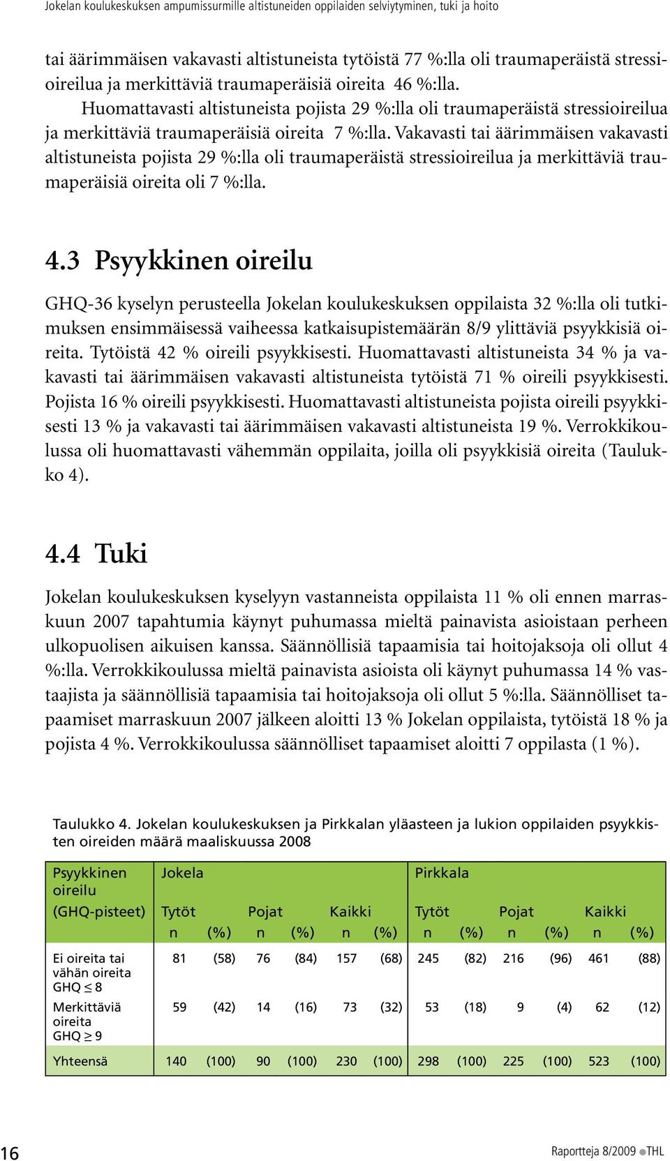 Vakavasti tai äärimmäisen vakavasti altistuneista pojista 29 %:lla oli traumaperäistä stressioireilua ja merkittäviä traumaperäisiä oireita oli 7 %:lla. 4.